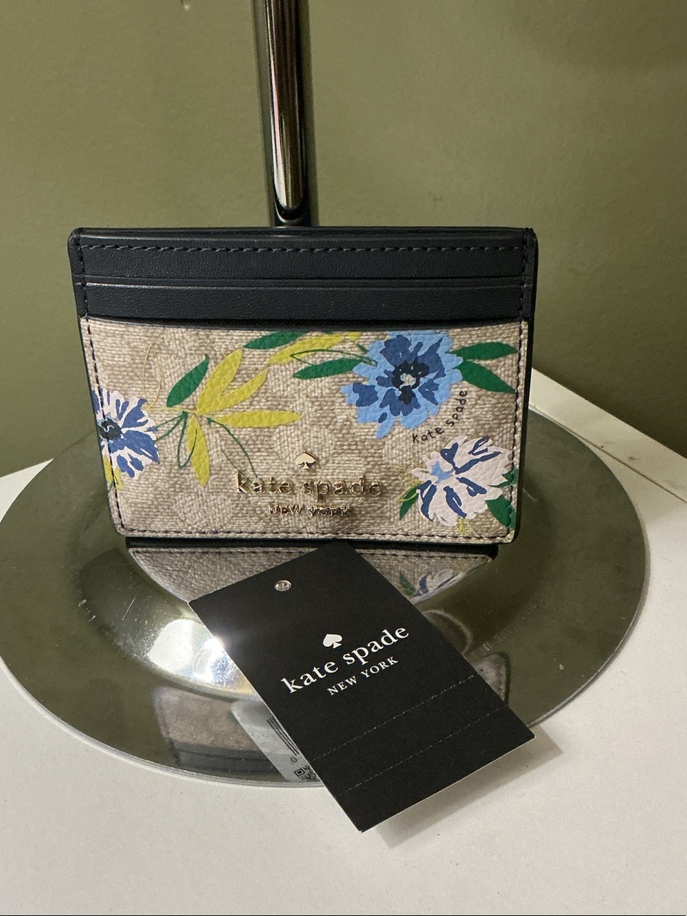 kate spade Floral Slim Card Holder in Blazer Blue Green Neutral Spade Flower